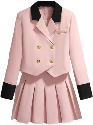 Women Blazer Jacket and Pleated Mini Skirt Set Piece Outfit
