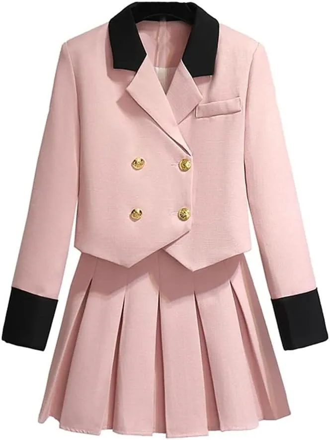 Women Blazer Jacket and Pleated Mini Skirt Set Piece Outfit