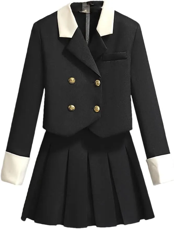 Women Blazer Jacket and Pleated Mini Skirt Set Piece Outfit