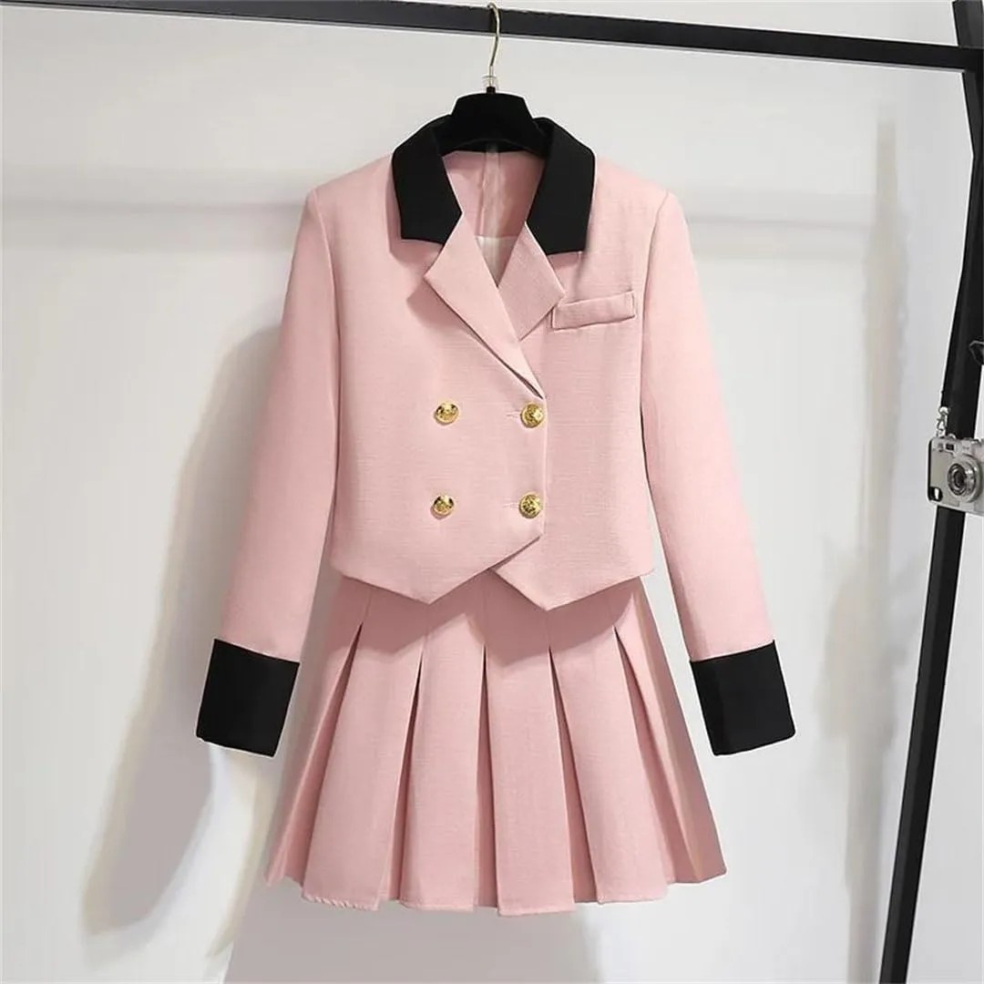 Women Blazer Jacket and Pleated Mini Skirt Set Piece Outfit