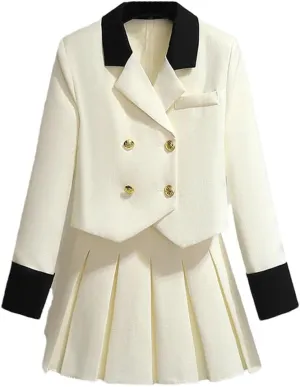 Women Blazer Jacket and Pleated Mini Skirt Set Piece Outfit