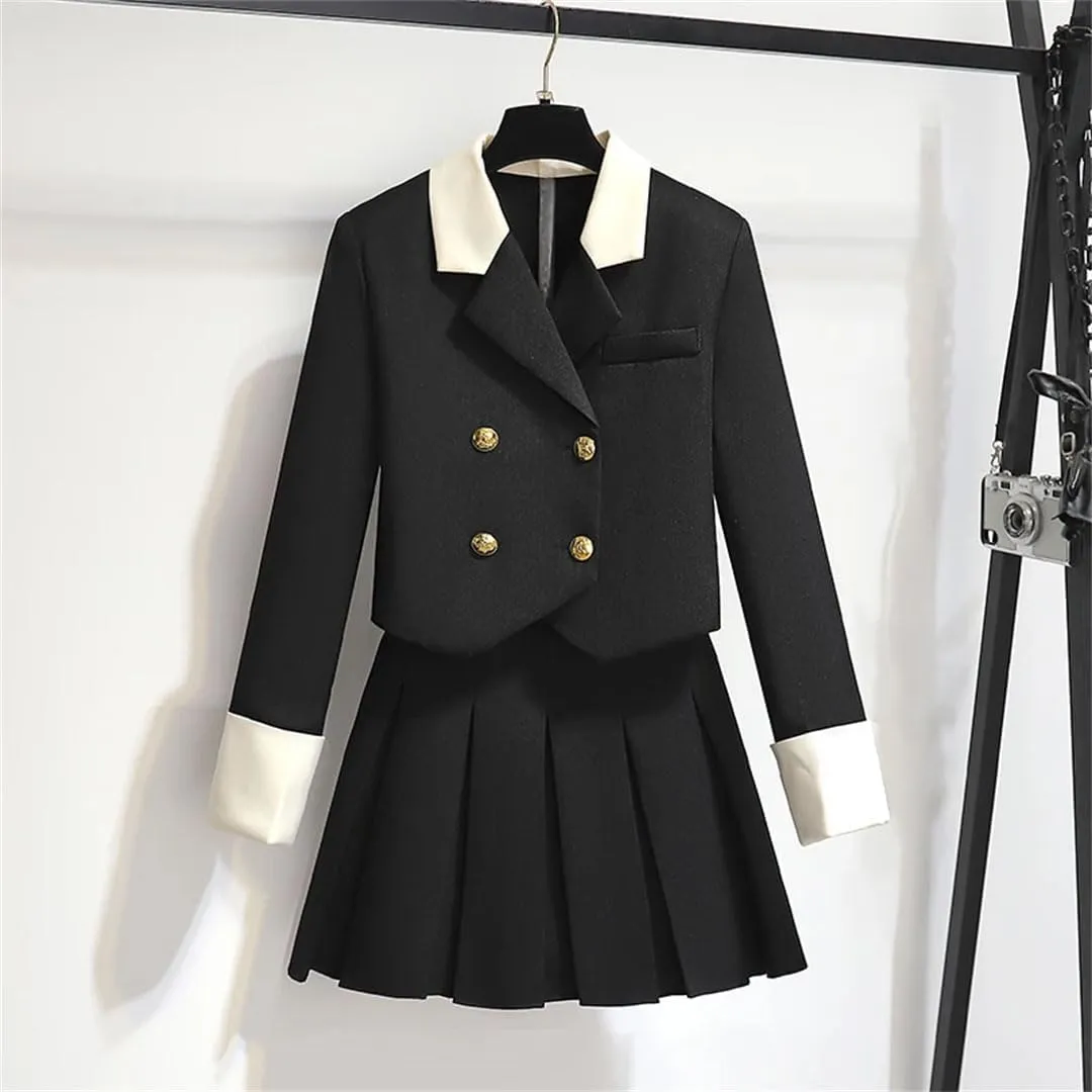 Women Blazer Jacket and Pleated Mini Skirt Set Piece Outfit