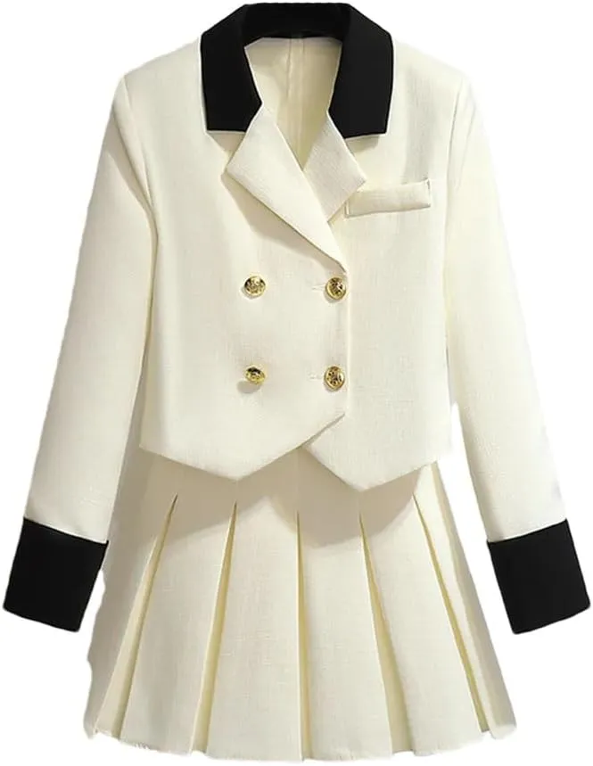 Women Blazer Jacket and Pleated Mini Skirt Set Piece Outfit