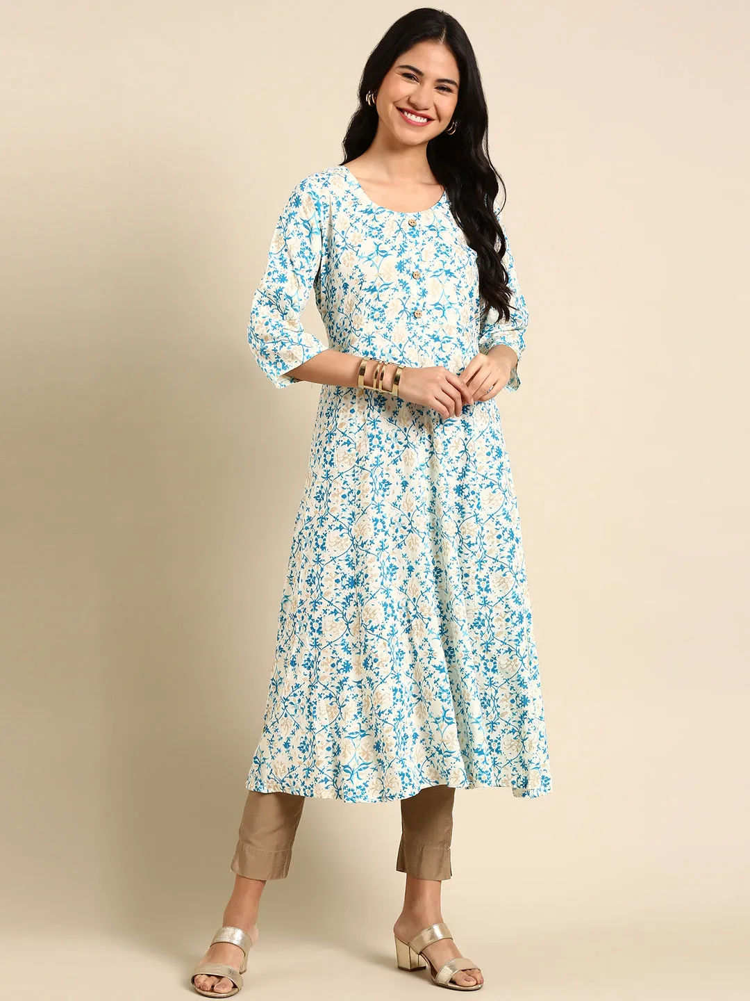 Women Off White Ethnic Motifs Printed Chanderi Straight Cotton Kurta