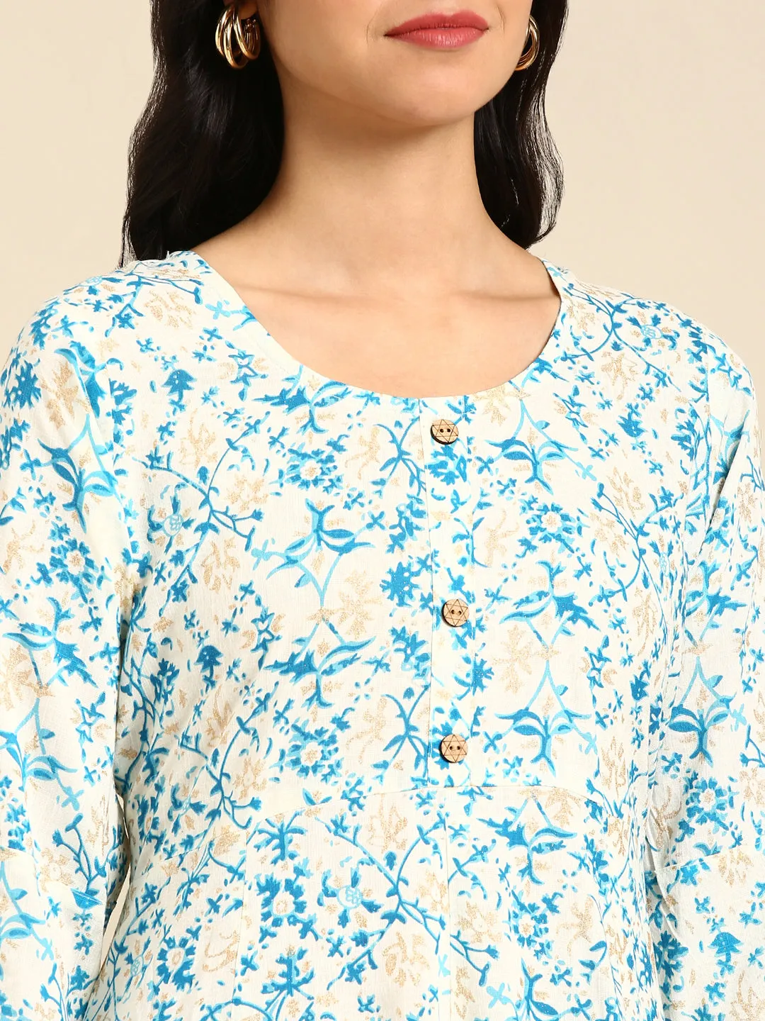 Women Off White Ethnic Motifs Printed Chanderi Straight Cotton Kurta