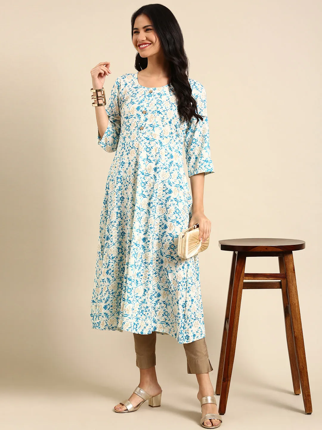 Women Off White Ethnic Motifs Printed Chanderi Straight Cotton Kurta