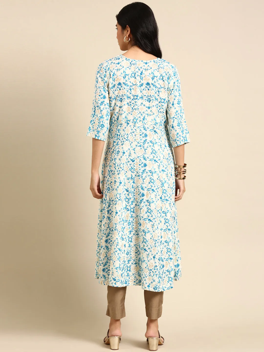 Women Off White Ethnic Motifs Printed Chanderi Straight Cotton Kurta
