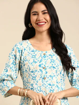 Women Off White Ethnic Motifs Printed Chanderi Straight Cotton Kurta