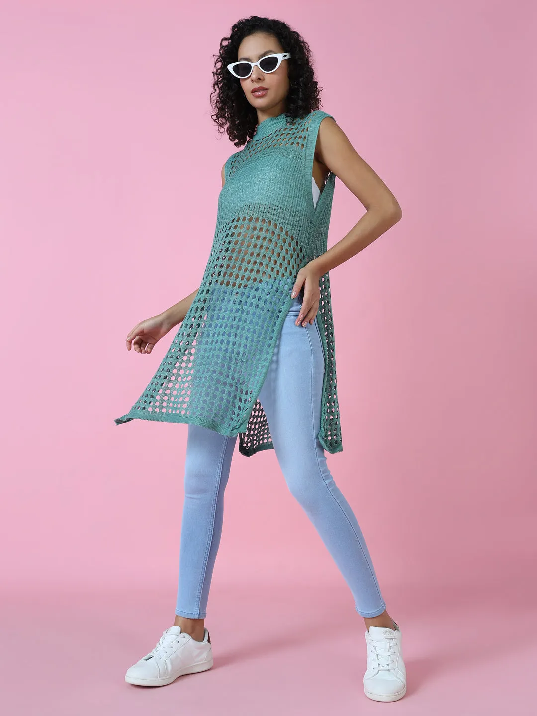Women Sea Green Sheer Crochet Longline Top