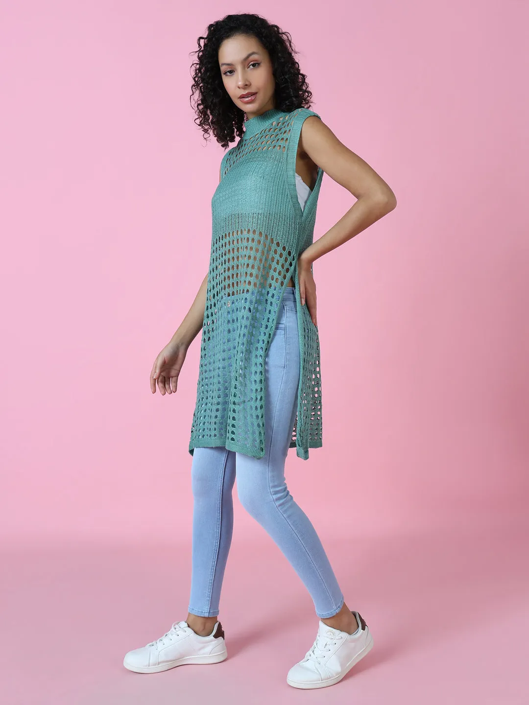 Women Sea Green Sheer Crochet Longline Top