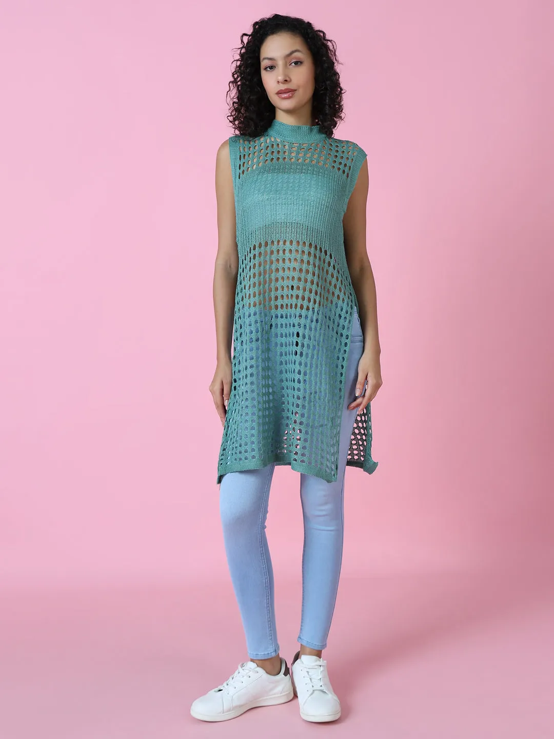 Women Sea Green Sheer Crochet Longline Top