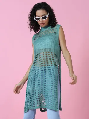 Women Sea Green Sheer Crochet Longline Top
