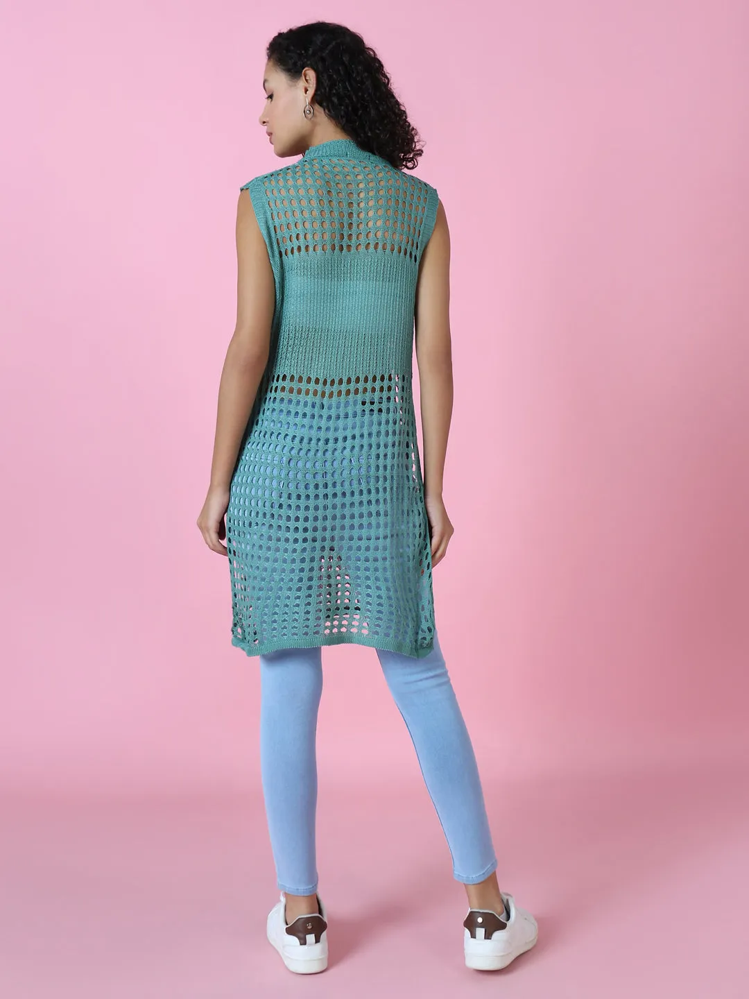 Women Sea Green Sheer Crochet Longline Top