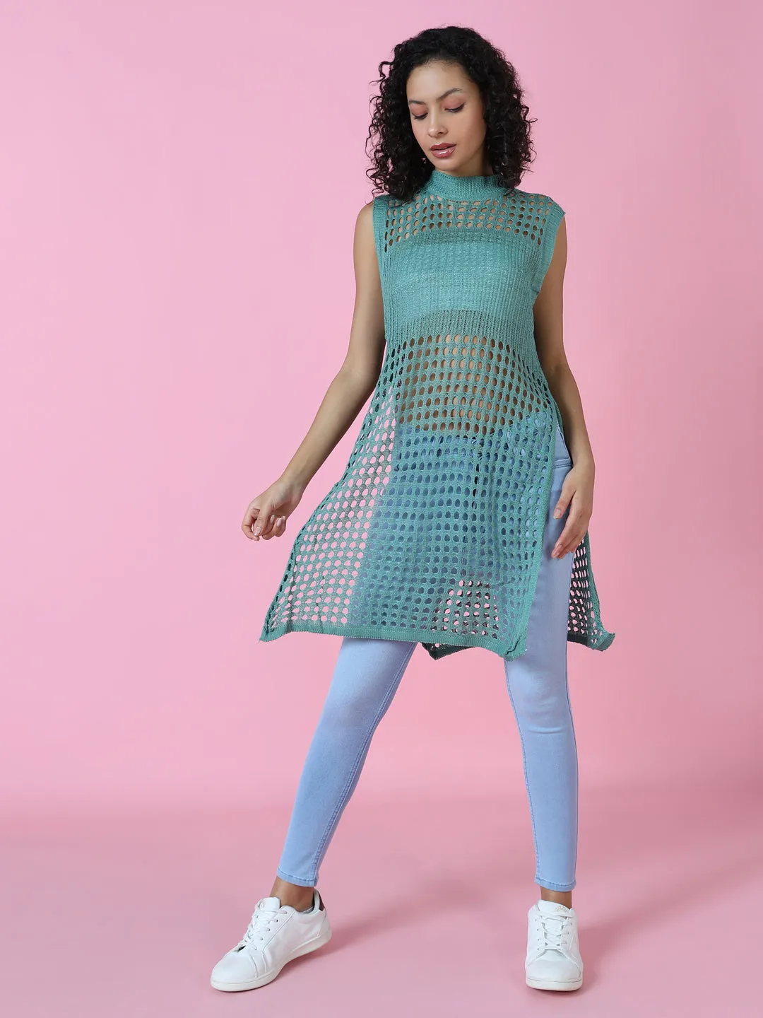 Women Sea Green Sheer Crochet Longline Top