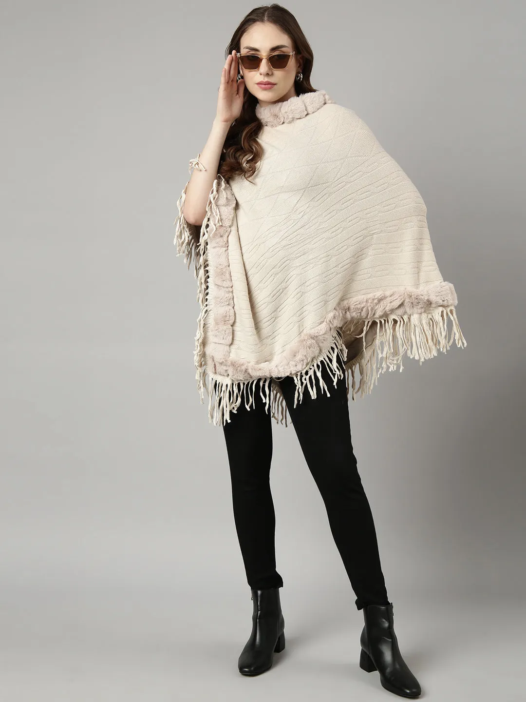 Women Solid Cream Longline Poncho
