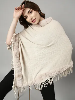 Women Solid Cream Longline Poncho