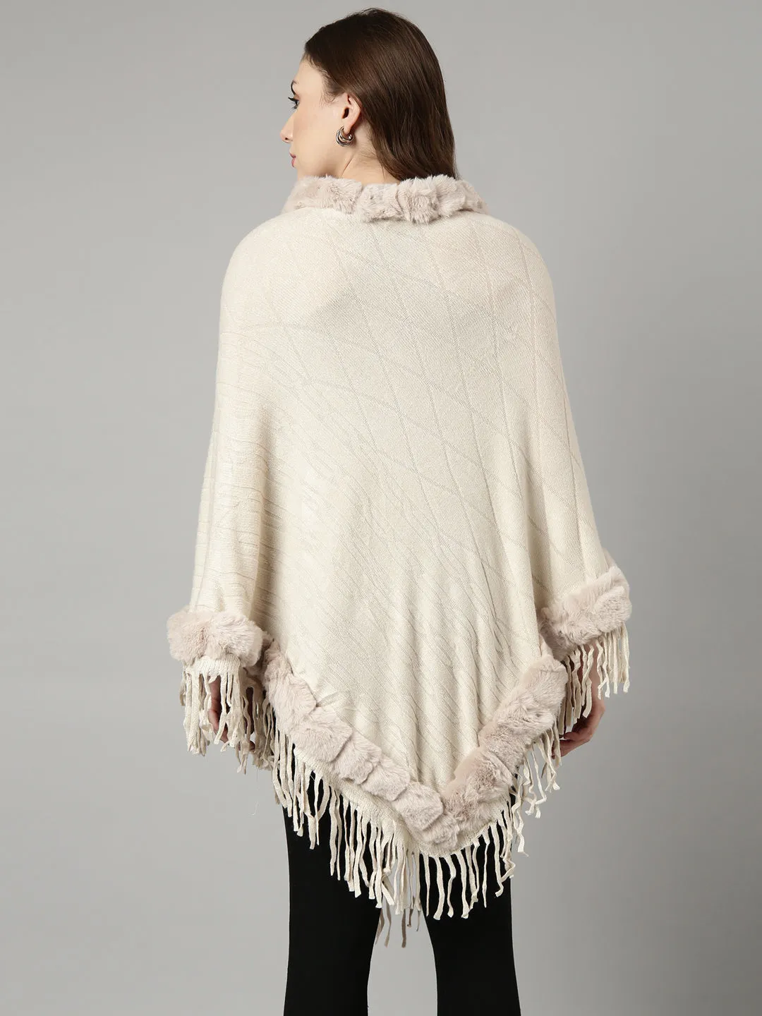 Women Solid Cream Longline Poncho