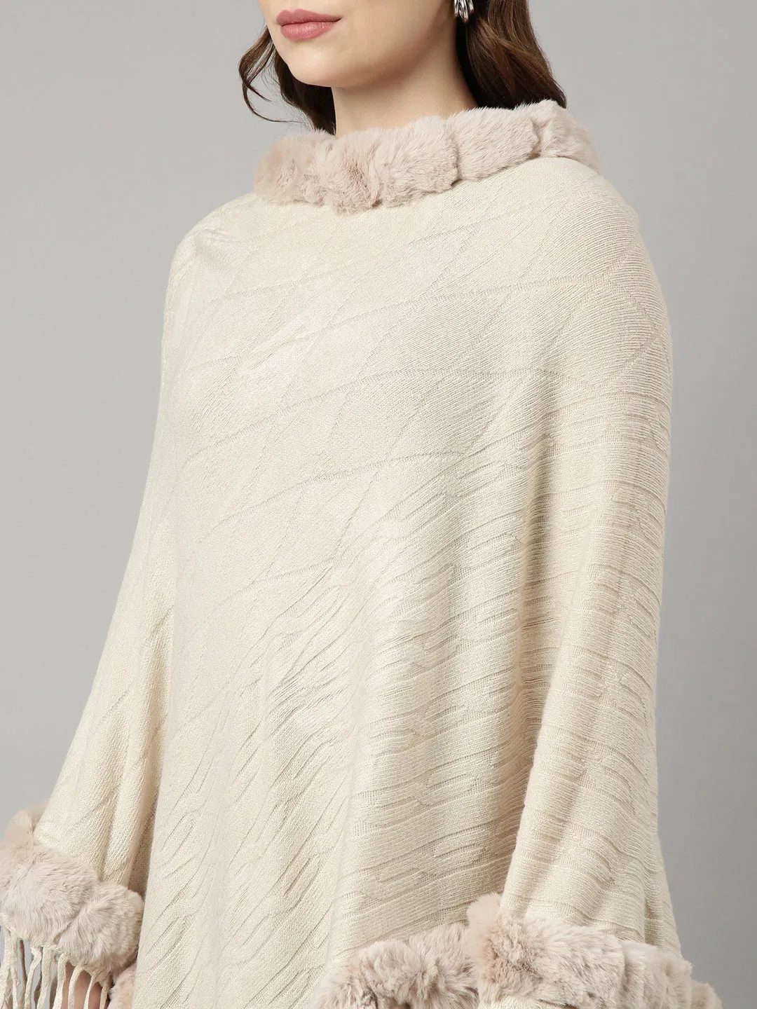 Women Solid Cream Longline Poncho