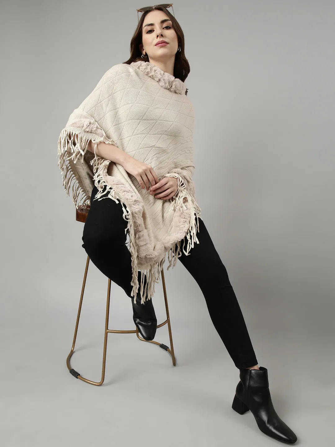 Women Solid Cream Longline Poncho