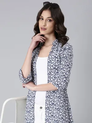 Women Teal Floral Printed Open Front Longline Shrug