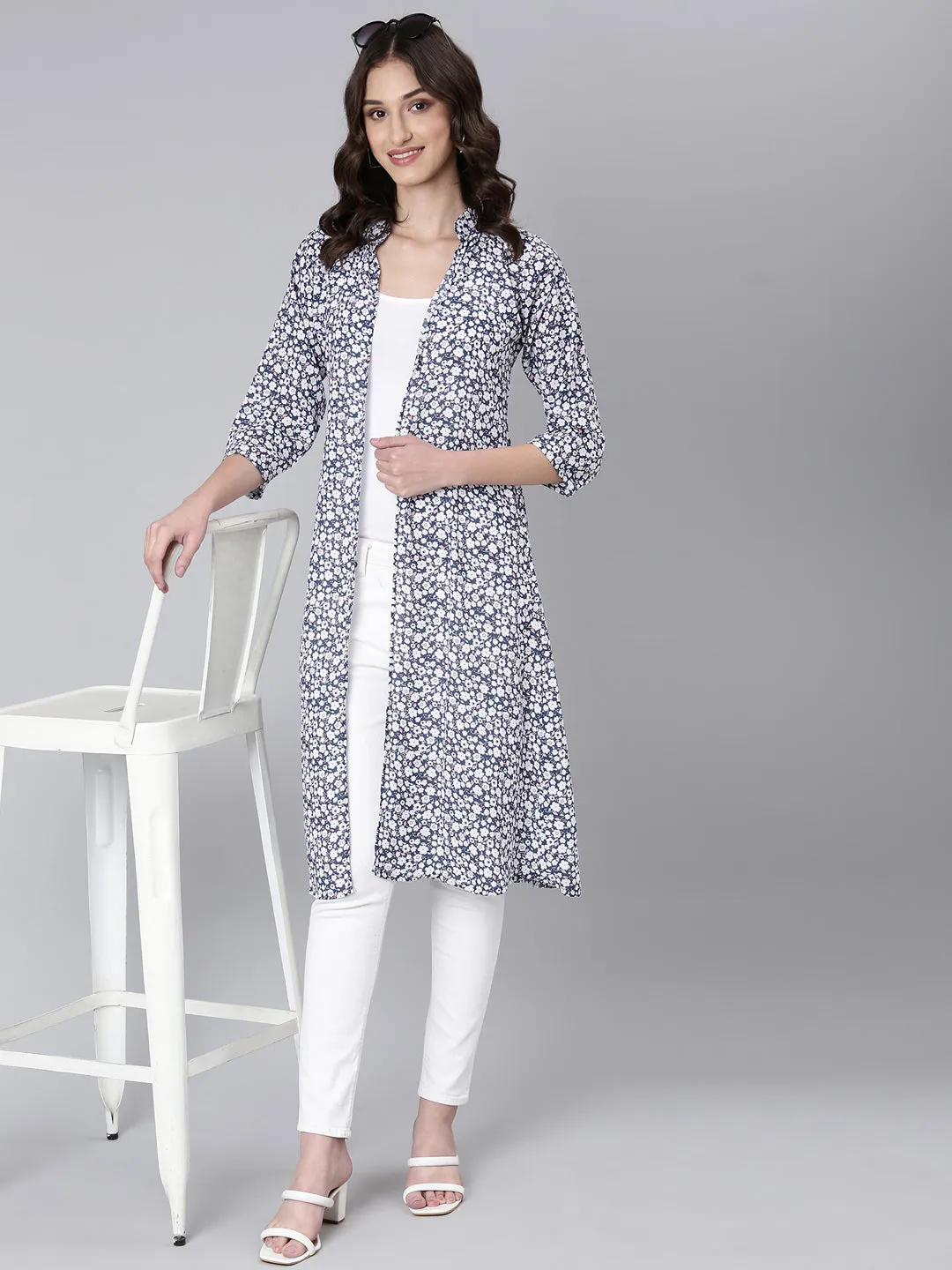 Women Teal Floral Printed Open Front Longline Shrug