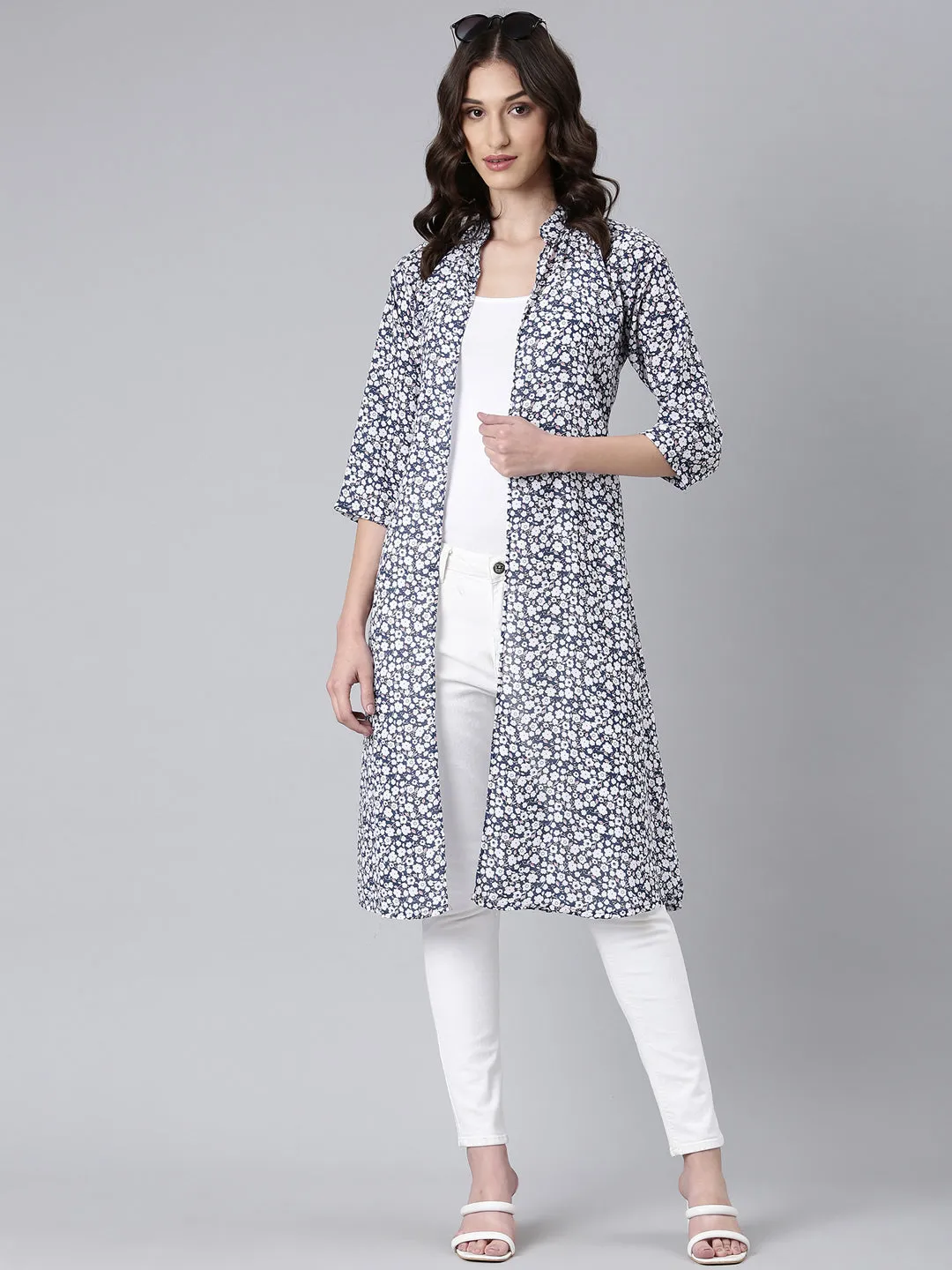 Women Teal Floral Printed Open Front Longline Shrug