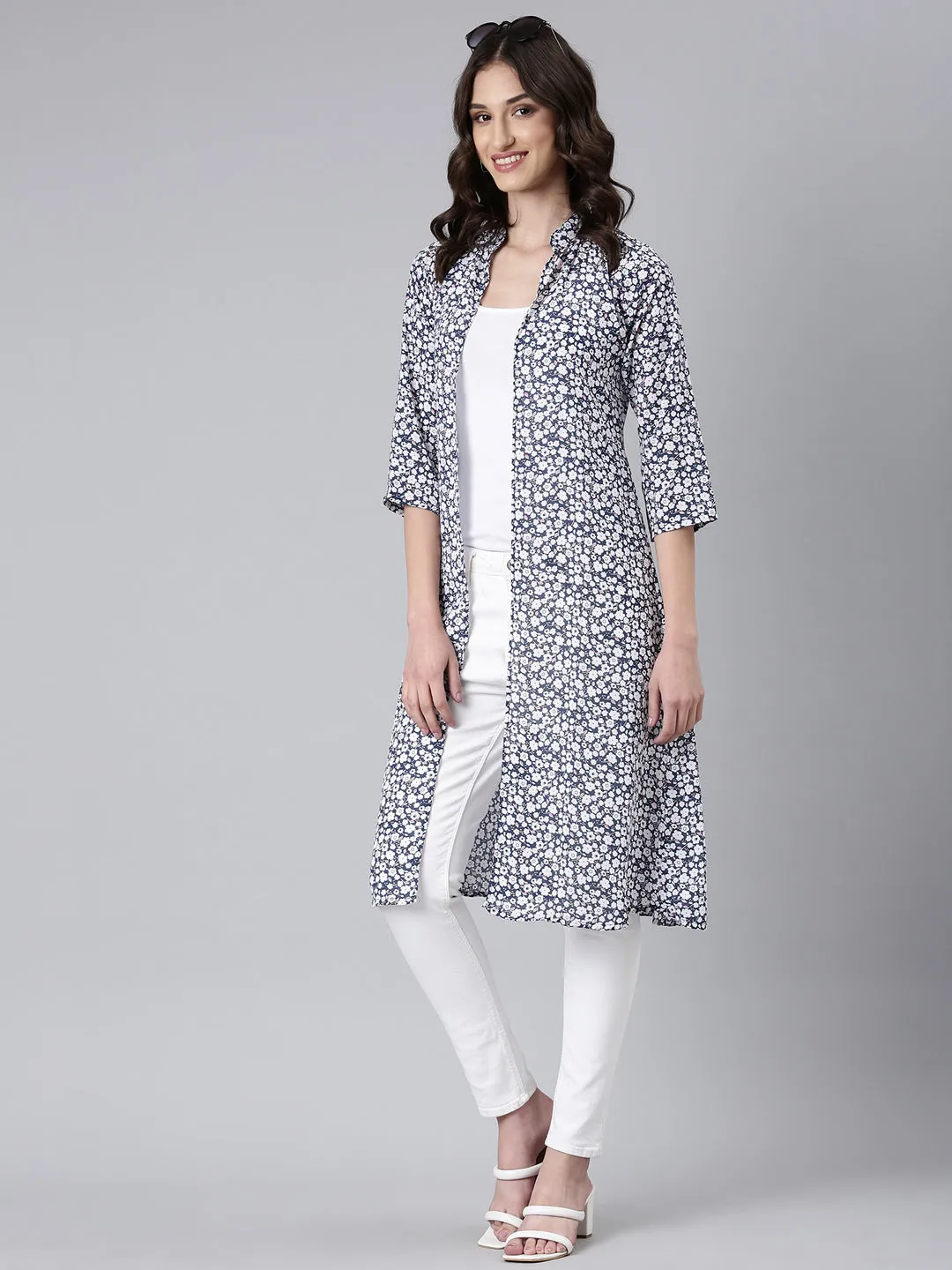 Women Teal Floral Printed Open Front Longline Shrug