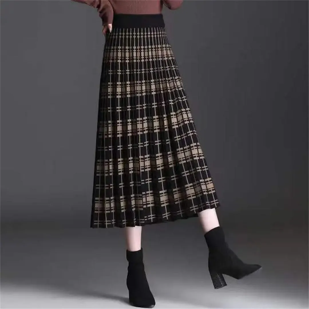 Women Vintage Knitting Printing Pleated A-Line Skirt Classic Korean All-Match Lady Autumn Winter Skirt
