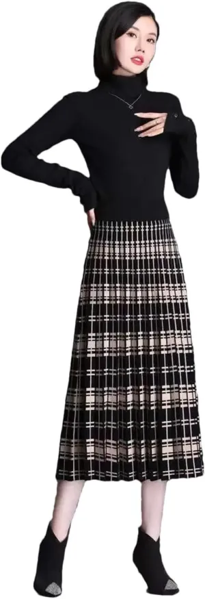 Women Vintage Knitting Printing Pleated A-Line Skirt Classic Korean All-Match Lady Autumn Winter Skirt