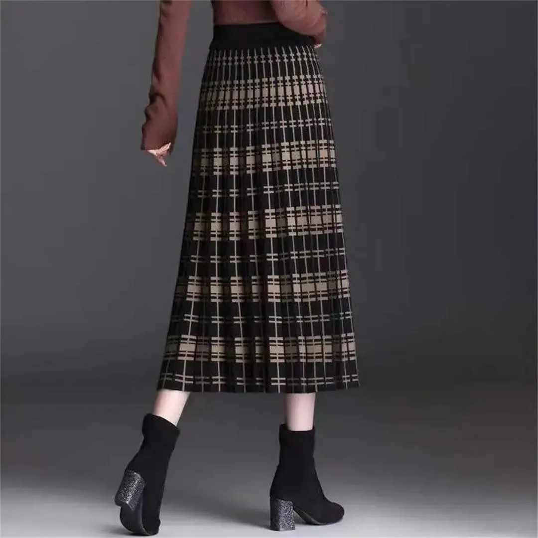 Women Vintage Knitting Printing Pleated A-Line Skirt Classic Korean All-Match Lady Autumn Winter Skirt