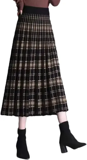 Women Vintage Knitting Printing Pleated A-Line Skirt Classic Korean All-Match Lady Autumn Winter Skirt