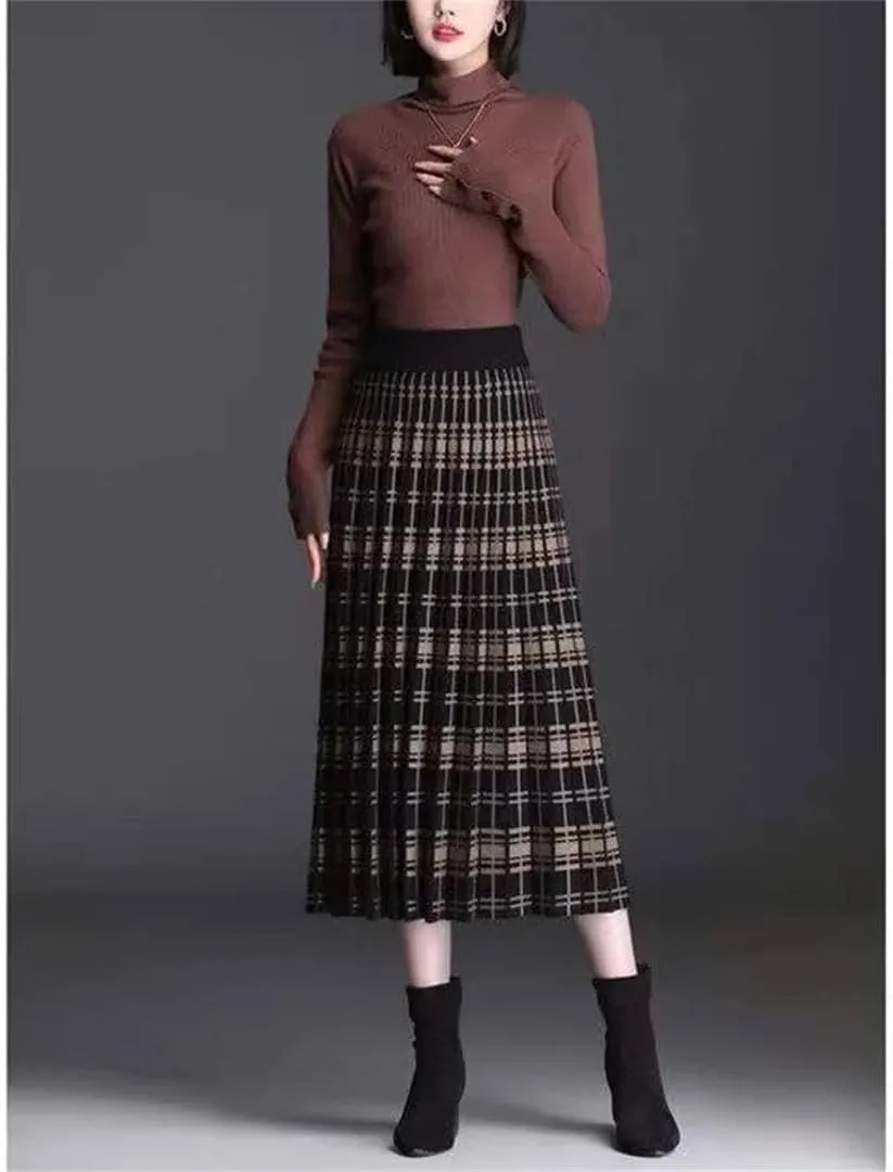 Women Vintage Knitting Printing Pleated A-Line Skirt Classic Korean All-Match Lady Autumn Winter Skirt