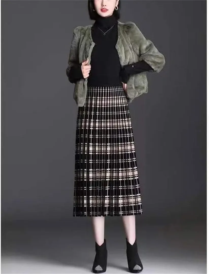 Women Vintage Knitting Printing Pleated A-Line Skirt Classic Korean All-Match Lady Autumn Winter Skirt