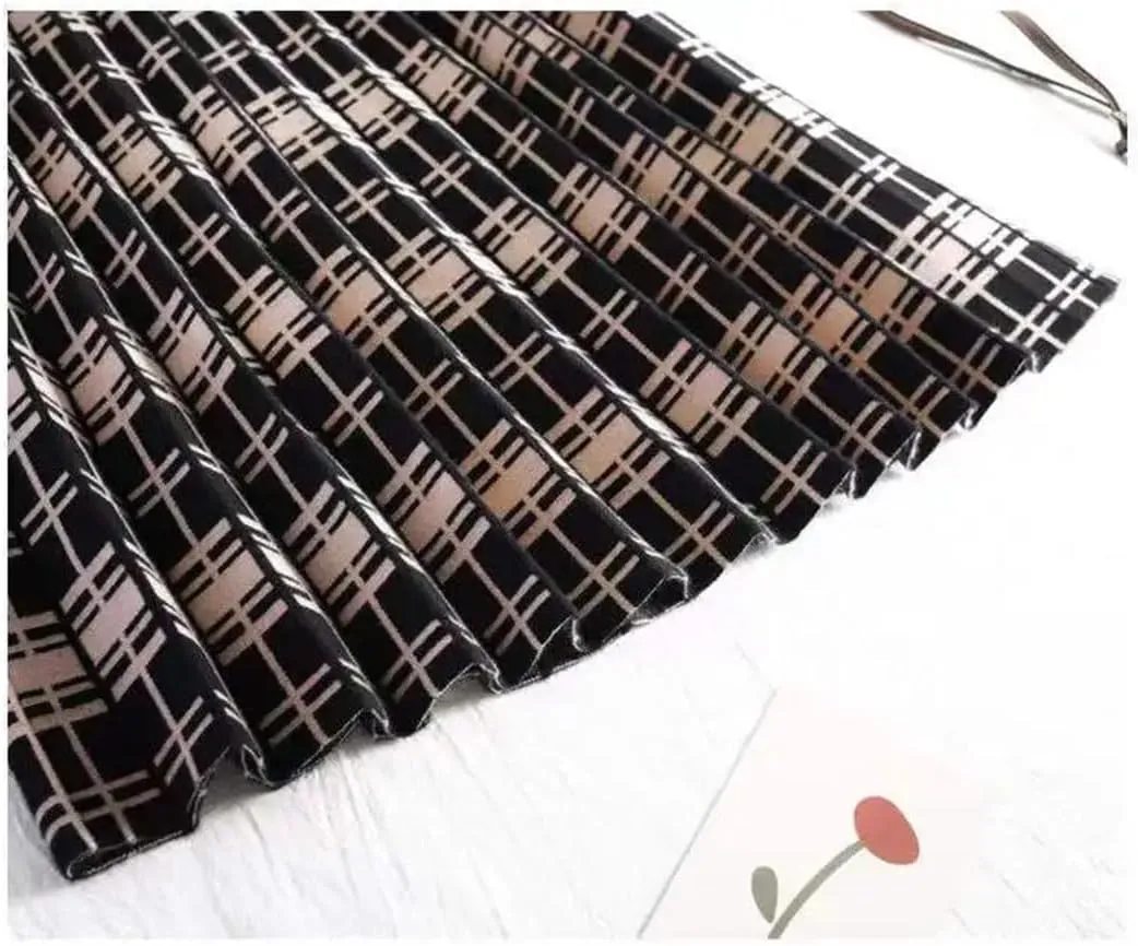 Women Vintage Knitting Printing Pleated A-Line Skirt Classic Korean All-Match Lady Autumn Winter Skirt