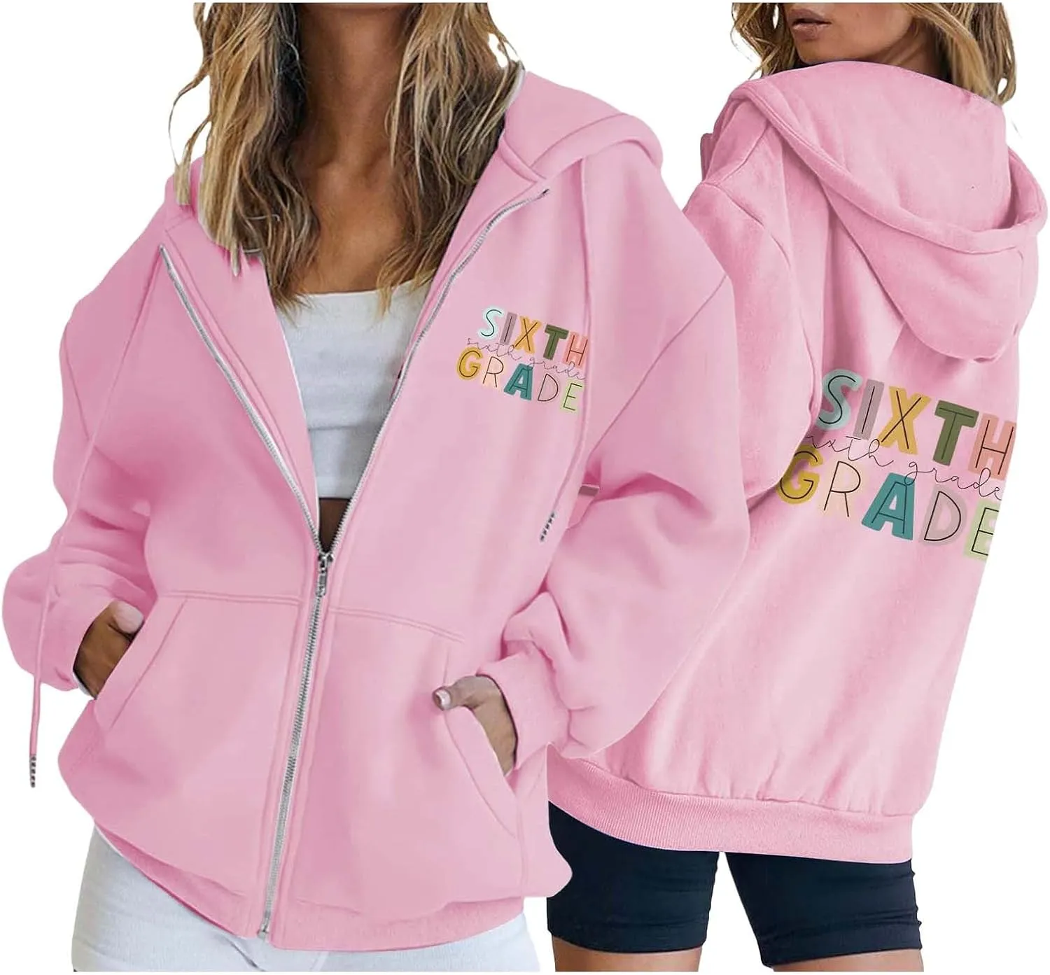 Womens Hoodies Letter Print Drawstring Long Sleeve Hooded Sweatshirt Autumn Casual Coat Zip Up Jackets with Pocketes