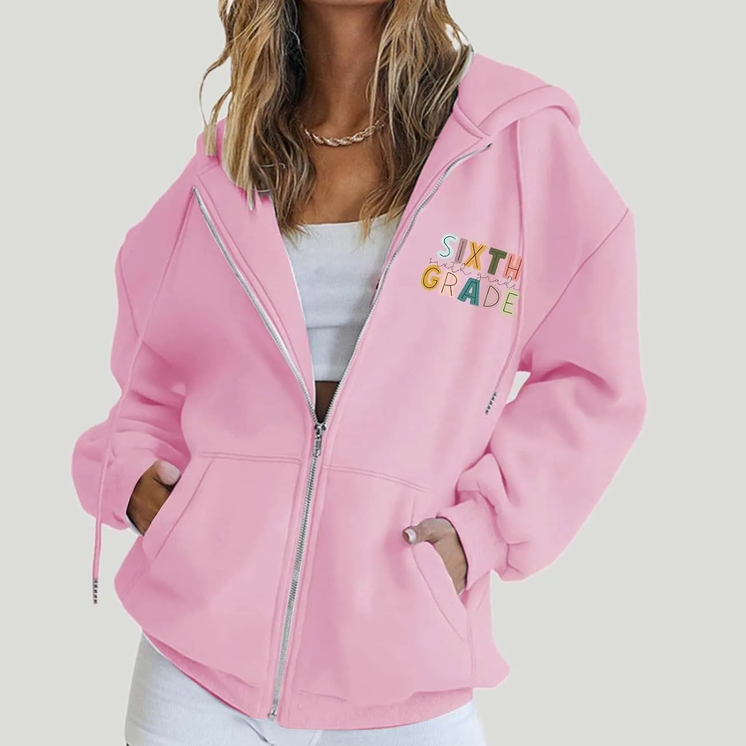 Womens Hoodies Letter Print Drawstring Long Sleeve Hooded Sweatshirt Autumn Casual Coat Zip Up Jackets with Pocketes
