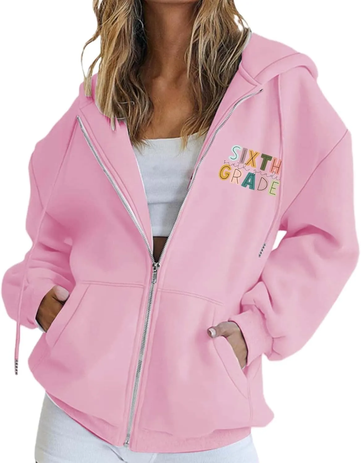 Womens Hoodies Letter Print Drawstring Long Sleeve Hooded Sweatshirt Autumn Casual Coat Zip Up Jackets with Pocketes