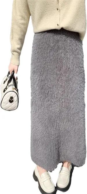 Women's Mink Knitted Skirt Tassel High Waist Long Skirts Elegant Slim Fur Skirts