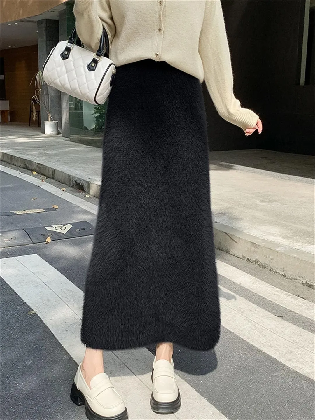 Women's Mink Knitted Skirt Tassel High Waist Long Skirts Elegant Slim Fur Skirts
