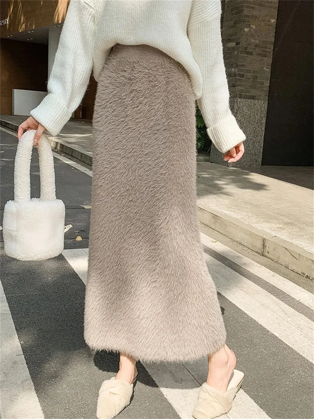 Women's Mink Knitted Skirt Tassel High Waist Long Skirts Elegant Slim Fur Skirts
