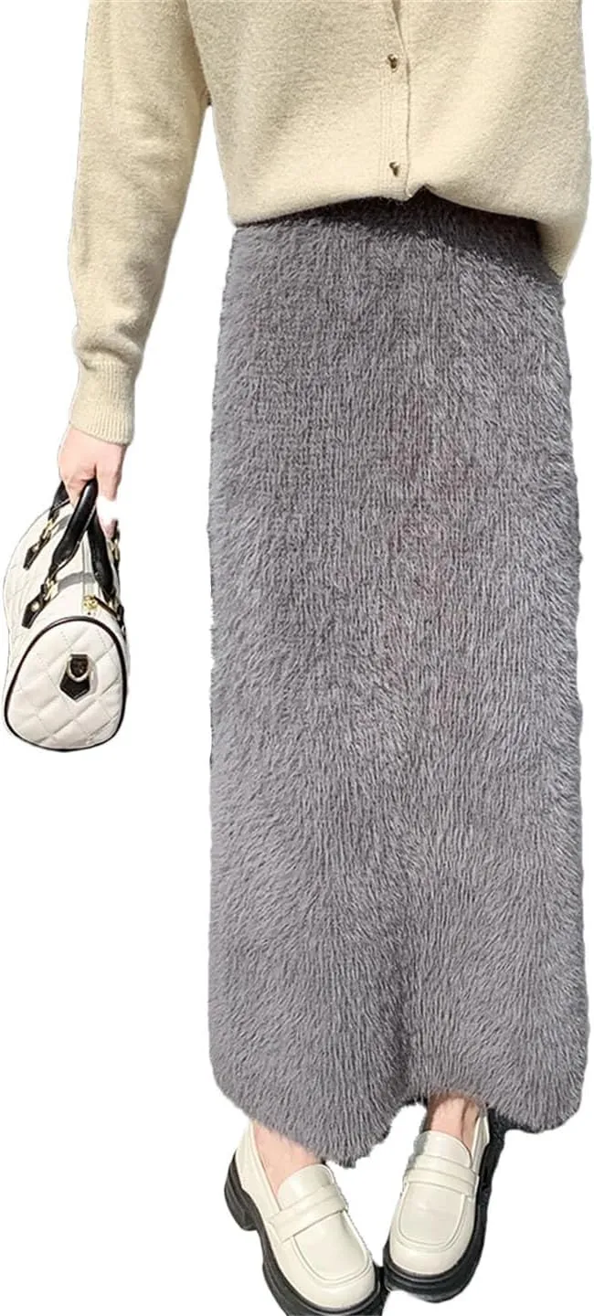 Women's Mink Knitted Skirt Tassel High Waist Long Skirts Elegant Slim Fur Skirts