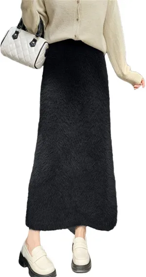 Women's Mink Knitted Skirt Tassel High Waist Long Skirts Elegant Slim Fur Skirts