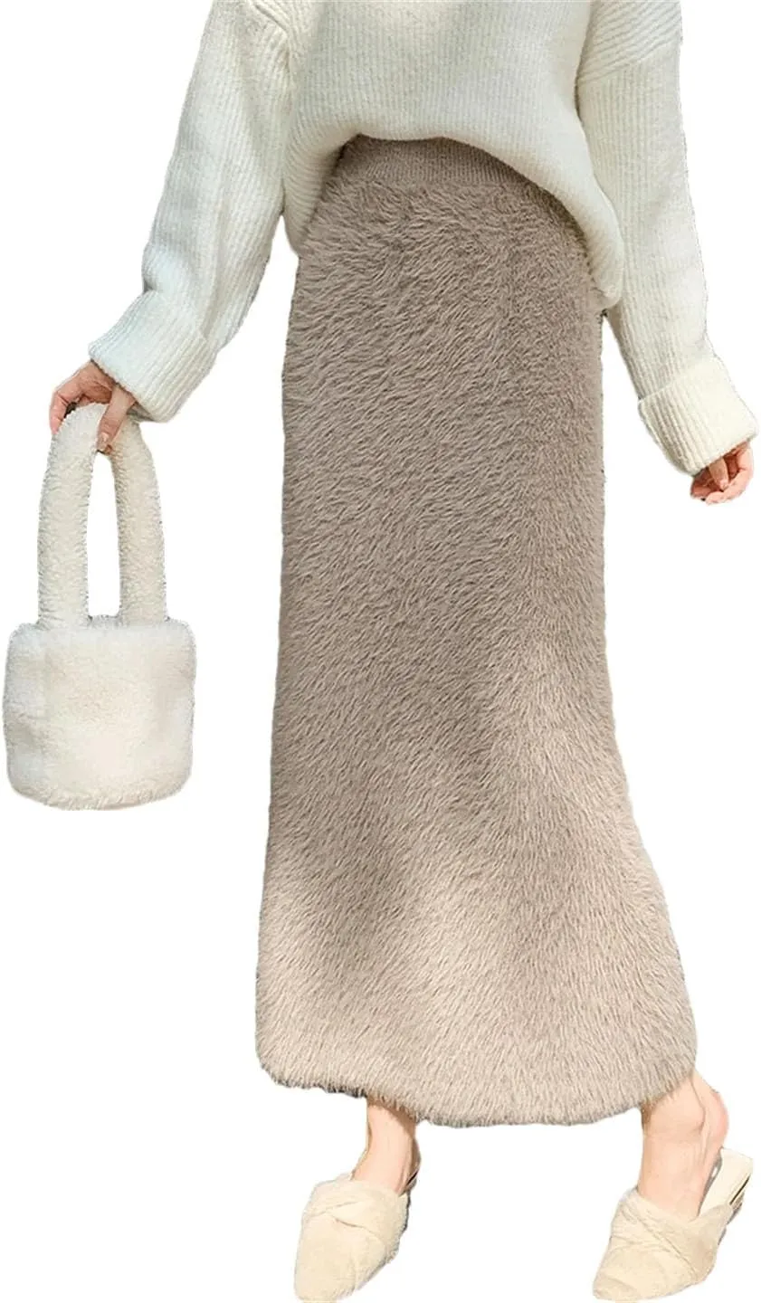 Women's Mink Knitted Skirt Tassel High Waist Long Skirts Elegant Slim Fur Skirts