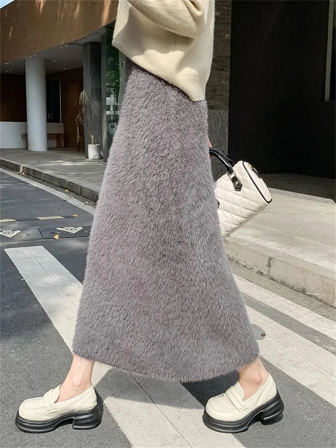 Women's Mink Knitted Skirt Tassel High Waist Long Skirts Elegant Slim Fur Skirts