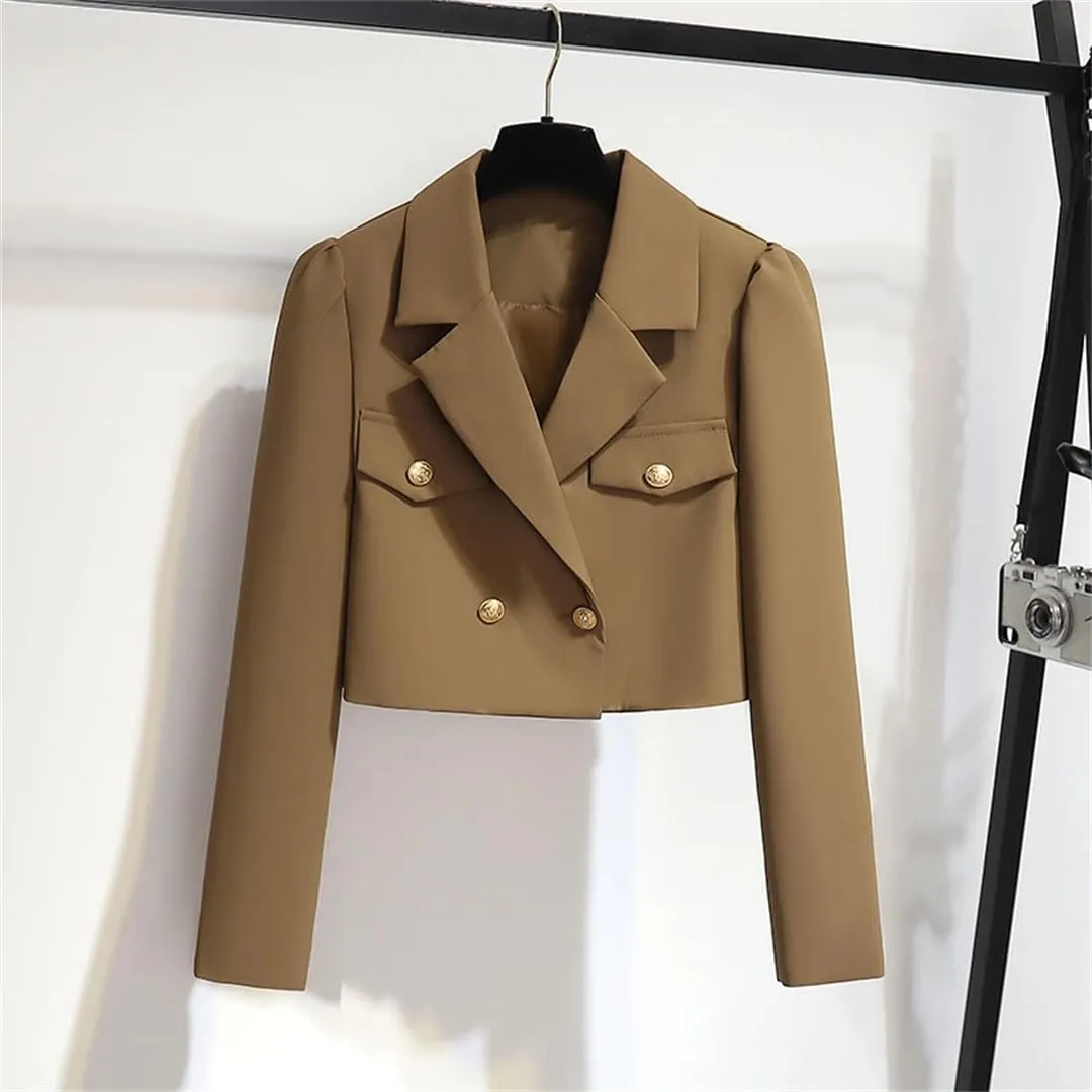Women's Notched Metal Buttons Blazer Short Jacket Coat   Mini Pleated Skirt Two Pieces Outfits