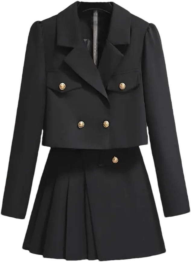 Women's Notched Metal Buttons Blazer Short Jacket Coat   Mini Pleated Skirt Two Pieces Outfits