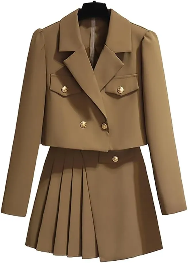 Women's Notched Metal Buttons Blazer Short Jacket Coat   Mini Pleated Skirt Two Pieces Outfits