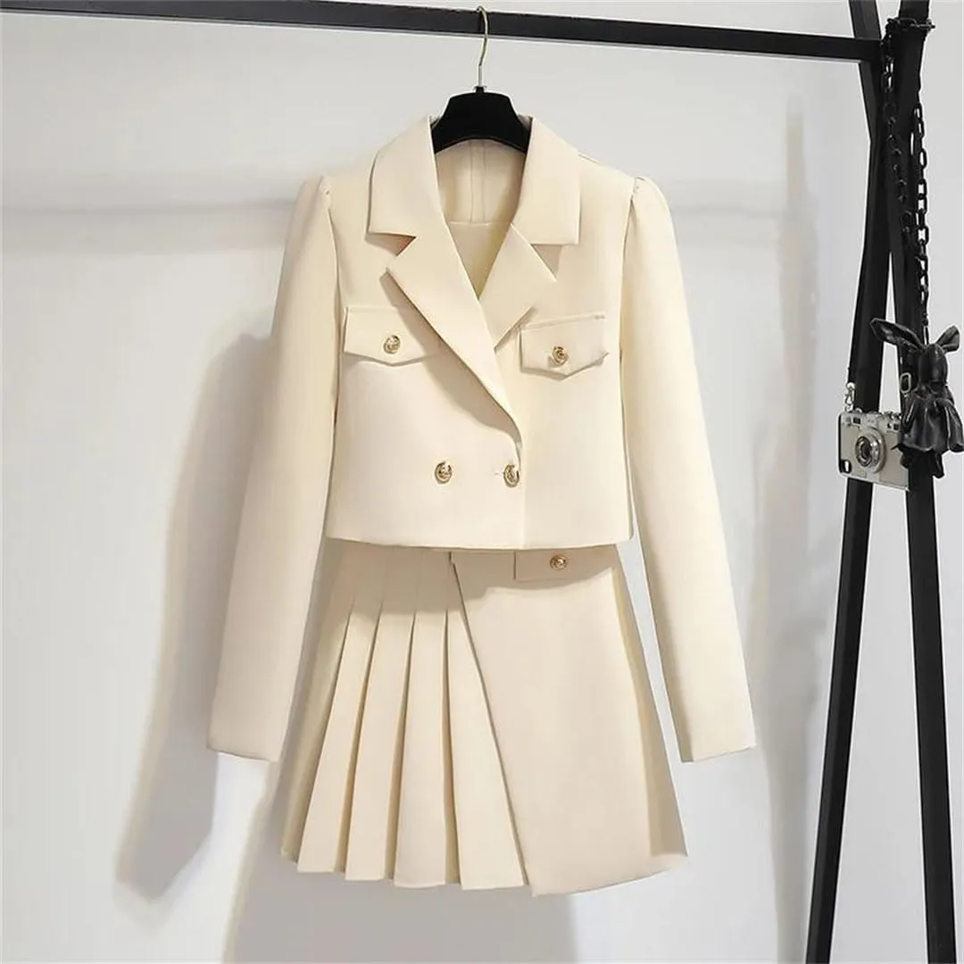 Women's Notched Metal Buttons Blazer Short Jacket Coat   Mini Pleated Skirt Two Pieces Outfits