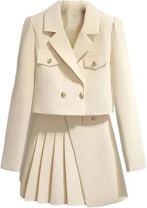Women's Notched Metal Buttons Blazer Short Jacket Coat   Mini Pleated Skirt Two Pieces Outfits