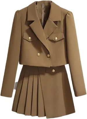 Women's Notched Metal Buttons Blazer Short Jacket Coat   Mini Pleated Skirt Two Pieces Outfits